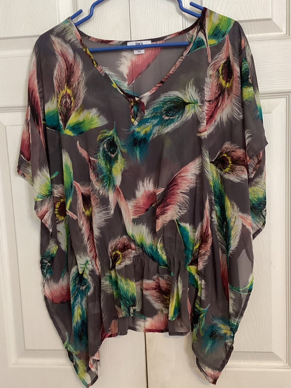 Bar III Gray Tunic with Multicolor Feather Motif